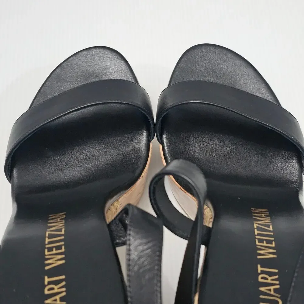 Stuart Weitzman 5050 Espadrille Wedge Platform Sandal 11 Black Leather Cork - Picture 11 of 14